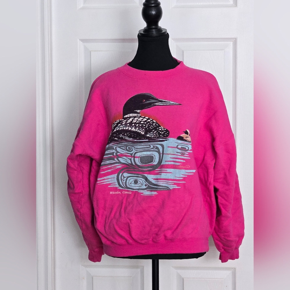 Loon Sweatshirt with Monica Closs Art, Whistler, BC, Canada Pink Graphic, Size M - Picture 11 of 11
